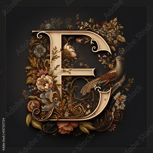 Letter E typography floral ornate created with AI