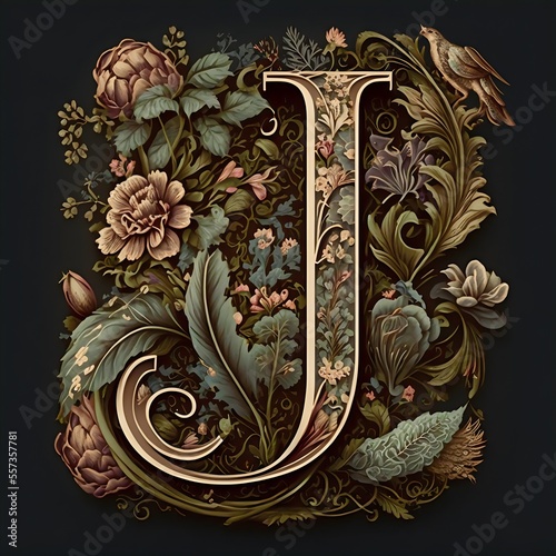 Letter J typography floral ornate created with AI photo