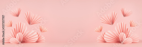Fotografia Sweet happiness Valentine day banner with scene mockup - soar pink origami paper hearts on pastel pink color as frame, copy space