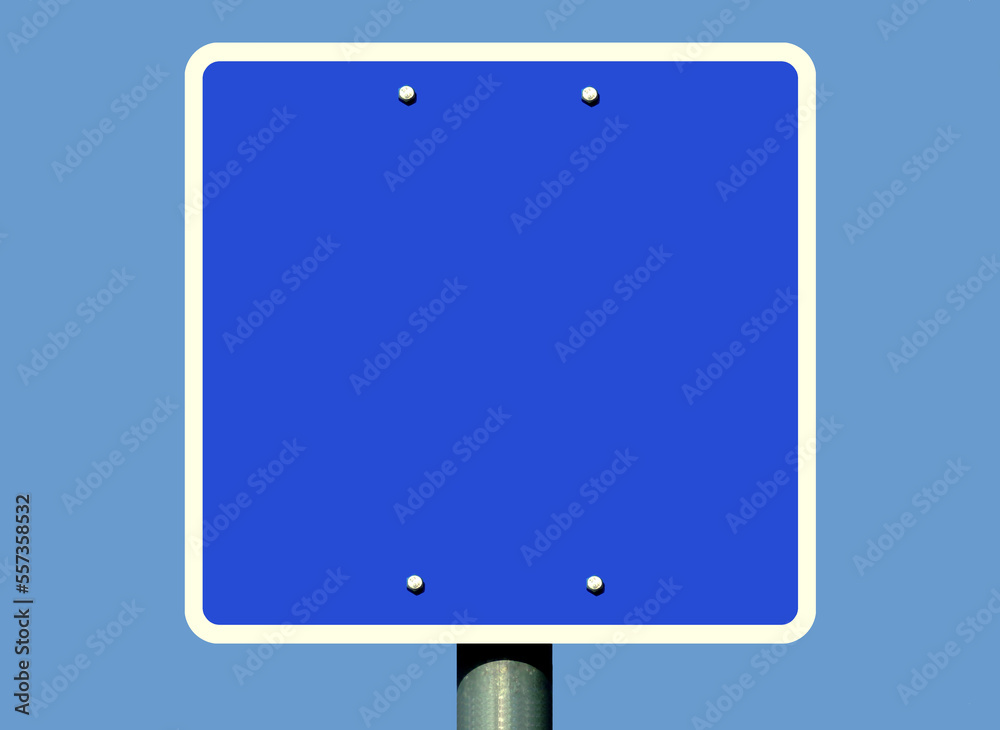 blank blue square metal plate traffic road sign raster image with aluminum short pole detail and fastening bolts. backdrop and background for graphic design. narrow white border. illustration base