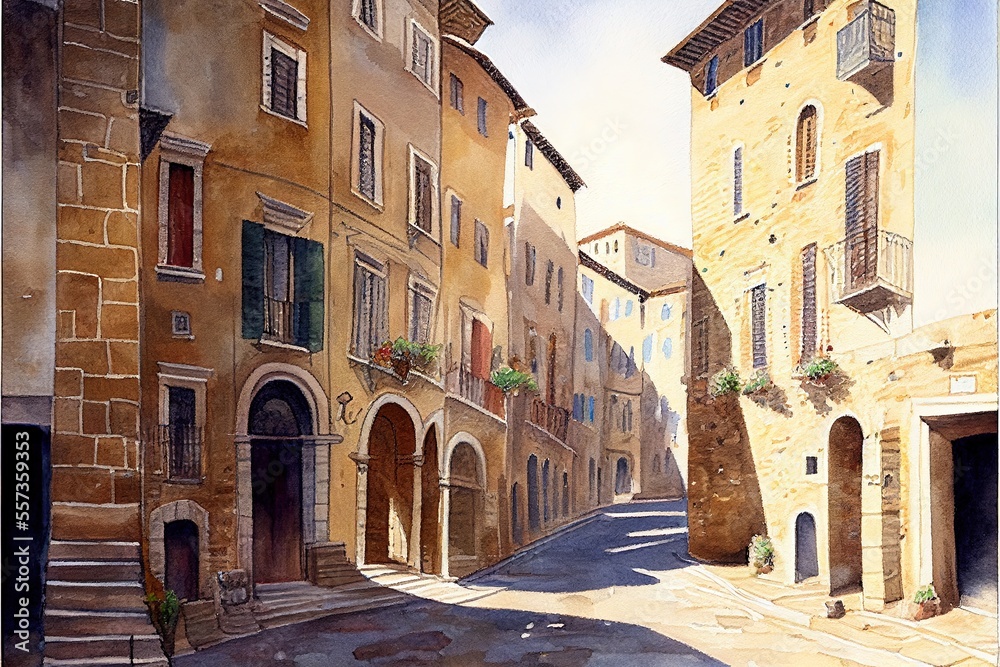 Lovely italian small old village Landscape in watercolour. Ai generative