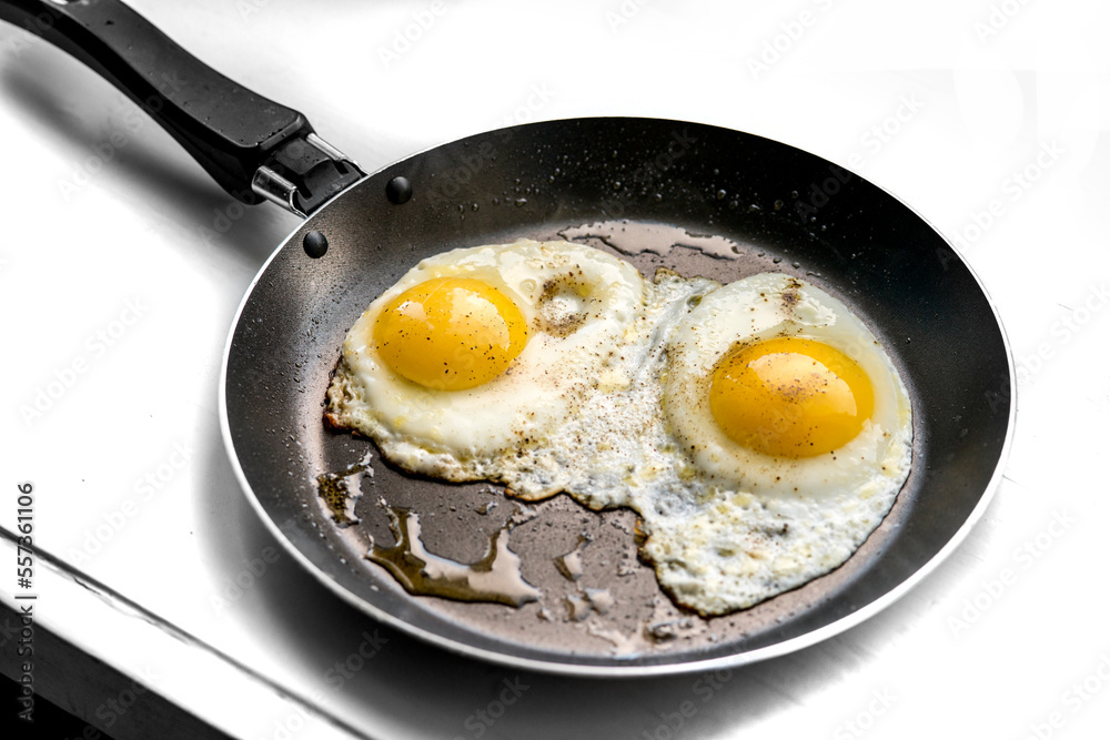 close-up shot of fried eggs on black pan close-up shot of fried eggs on black pan