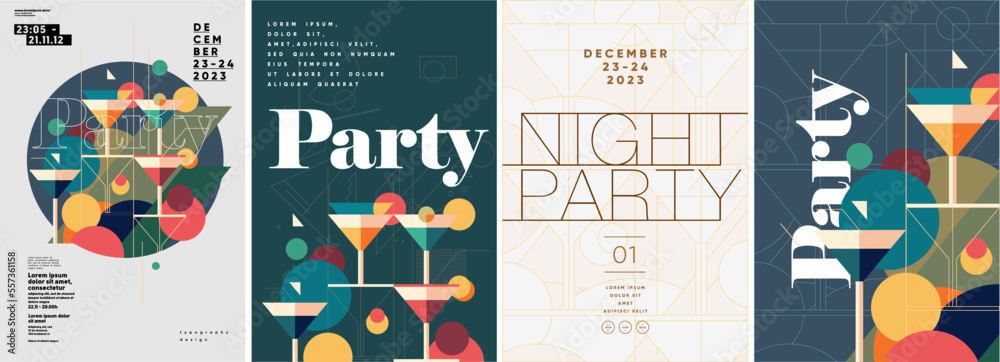 Cocktail Party. Nightclub. Typography design. Set of flat vector illustrations.  Poster, label, cover. - obrazy, fototapety, plakaty 