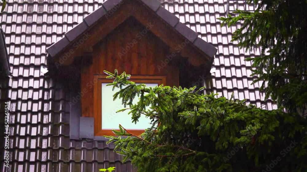 slowly falling rain on the background of the roof of a house in the village slowly falling rain on the background of the roof of a house in the village