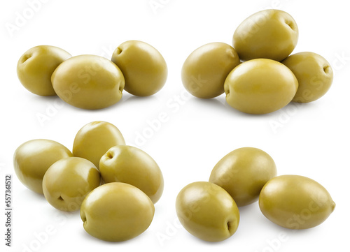 Collection of delicious green olives, isolated on white background