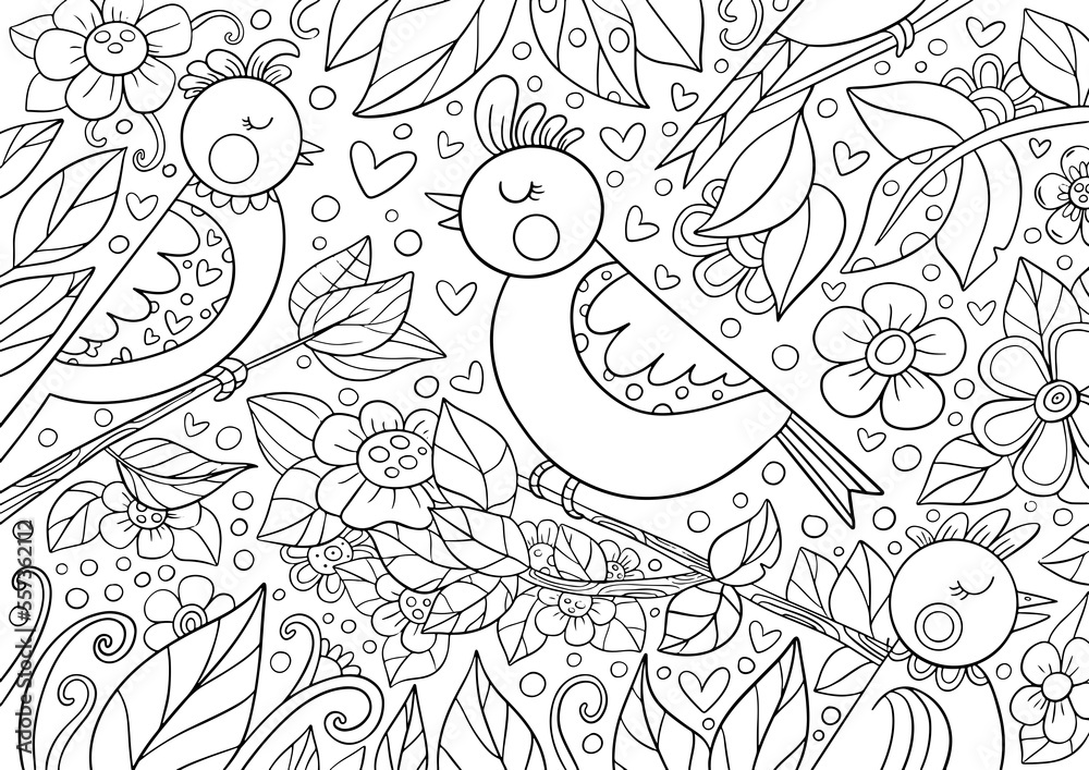 Nature outline illustration with birds for coloring page. Spring ...