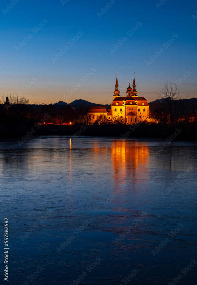 Fototapeta premium Cathedral, Church, Velehrad, night, lake