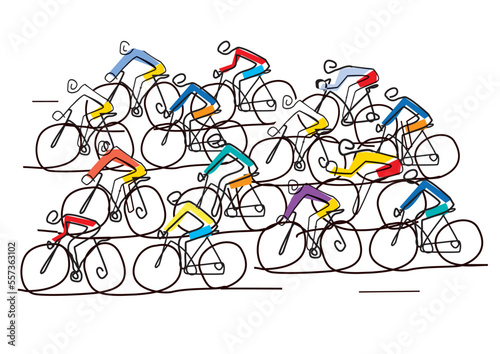 Cyclists peloton, cycling race, line art stylized. 
Illustration of group of cyclists on a road. Continuous Line Drawing. Vector available.
