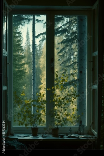window in the forest Aspen Grove Landscape View from Indoor Plant Pot on Window Sill