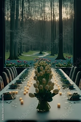 Candlelit Forest Escape  Romantic Dinner Table with Flowers and Candles in a Cozy House in the Woods Generative AI