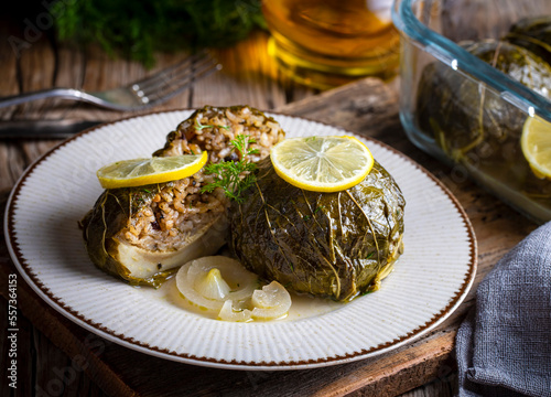 Traditional Turkish food; stuffed artichokes, stuffed artichokes. Turkish name; enginar canaginda sarma - dolma photo