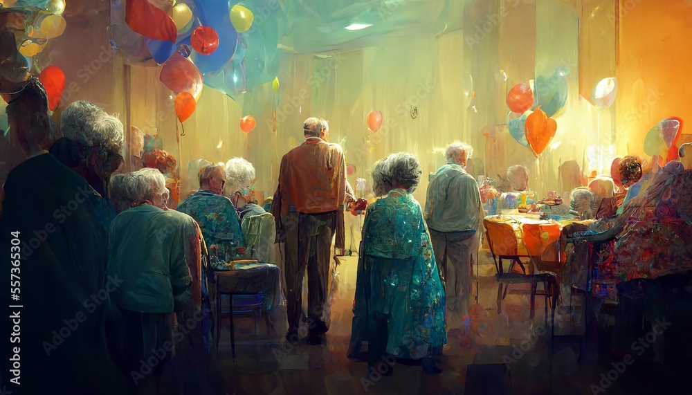 Happy birthday party at the retirement home with full of  joyfull people desing illustration