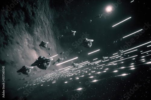 spaceship battle. in a futuristic scene. Sci-fi. Movie scenery. Movie concept. Illustration. Generative AI