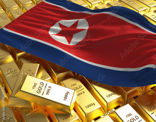 North Korea national country flag on Golden ingots bars pyramid plate national foreign-exchange reserve banking economy system 3d rendering image concept