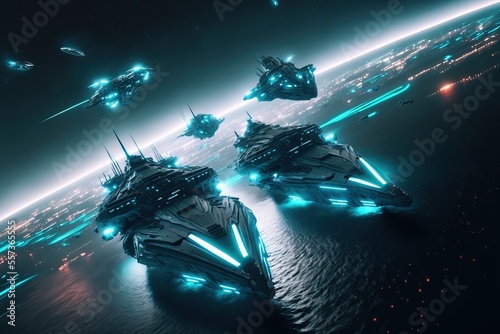 spaceship battle. in a futuristic scene. Sci-fi. Movie scenery. Movie concept. Illustration. Generative AI © Gasi