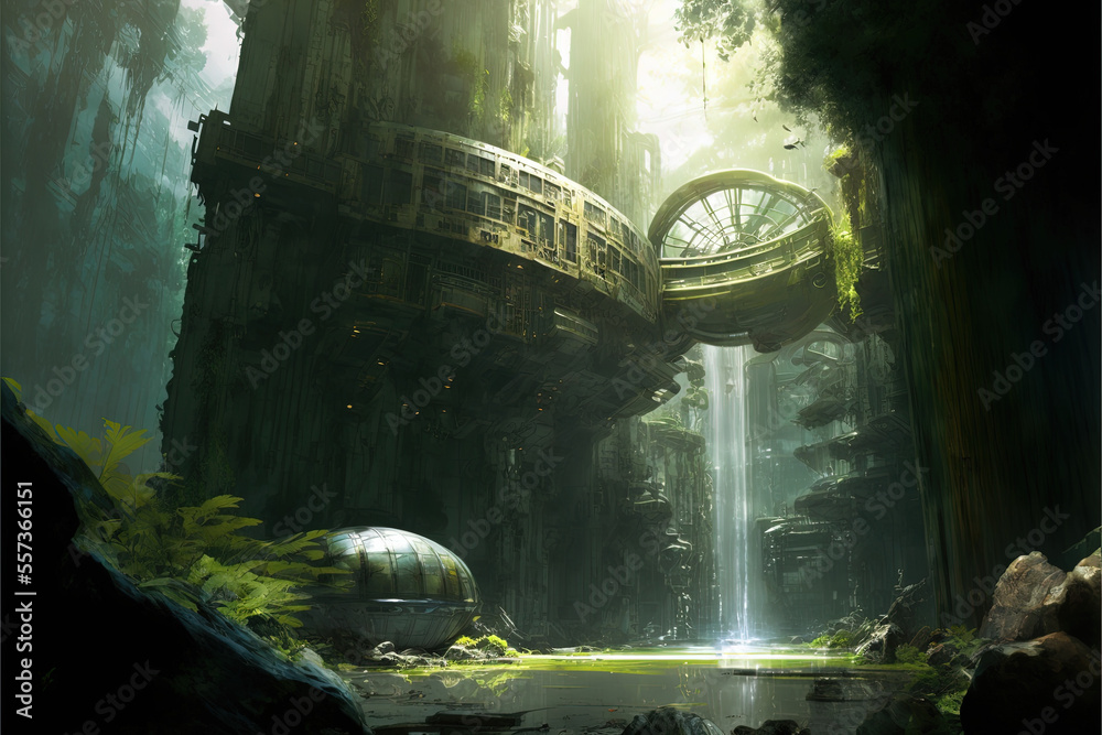 Futuristic Space Complex in a Swamp, Concept Art, Digital Illustration ...