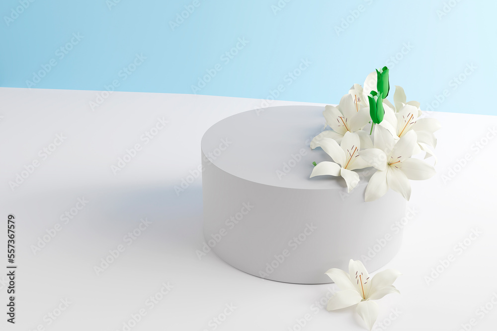 Stone podium with white lily flowers. 3d render