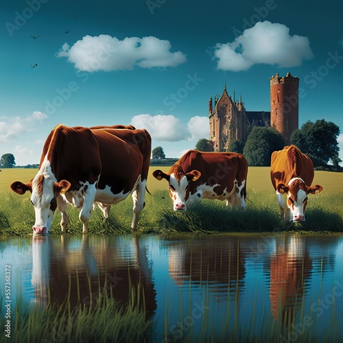 Cows grazing in a field, in the countryside of Normandy. Generative AI