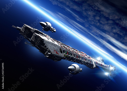 Large mining spaceship leaving Earth orbit, illustration photo