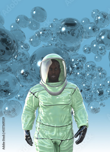 Man wearing a protective suit against viruses, illustration photo