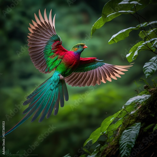 Flying Resplendent Quetzal, Pharomachrus mocinno, Savegre in Costa Rica, with green forest in background. Generative AI