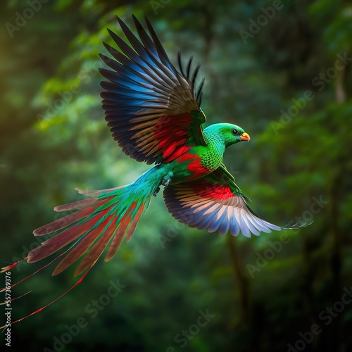 Flying Resplendent Quetzal, Pharomachrus mocinno, Savegre in Costa Rica, with green forest in background. Generative AI