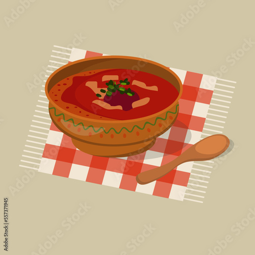 Borsch or red soup with fresh parsley on the plaid napkin. Cartoon vector illustration.