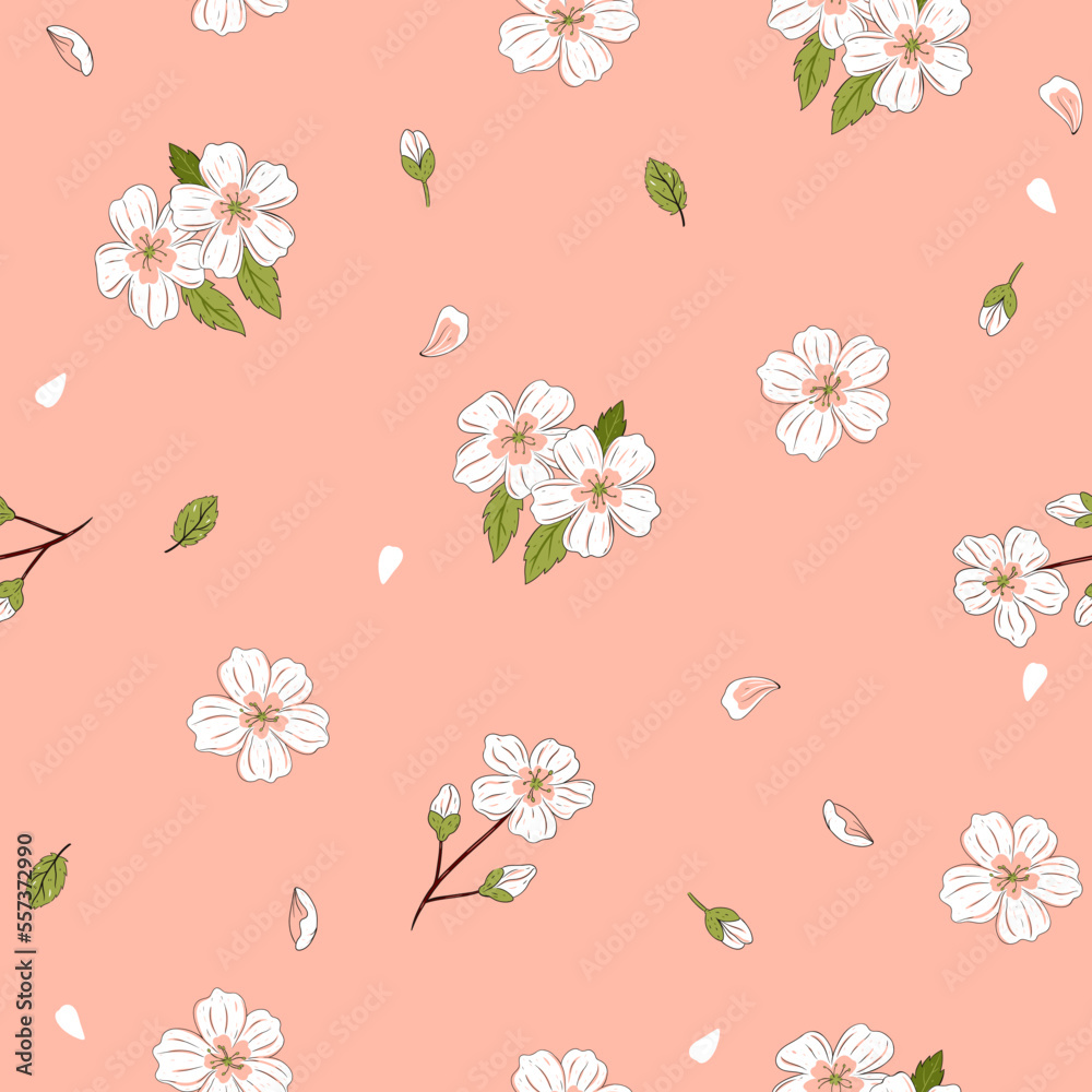Seamless pattern with white cherry flowers on a pink background. Vector graphics.