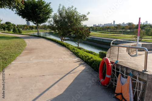 Taichung City, Taiwan - November 28, 2022 : Taichung Central Park. Xitun District Shuinan Economic and Trade Area. Life jacket and life buoy. photo