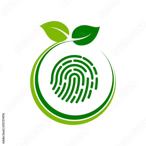 Carbon footprint idea. Green thumb concept. Fingerprint inside circle with leaves. Environmental issues. Human impact on nature. Carbon neutral. Zero emission. Vector illustration, flat, clip art.