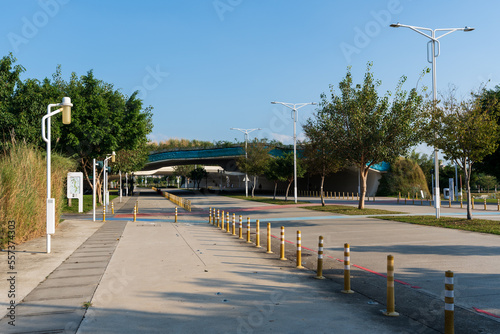 Taichung City, Taiwan - November 28, 2022 : Taichung Central Park Sidewalk and Bridge. Xitun District Shuinan Economic and Trade Area. photo