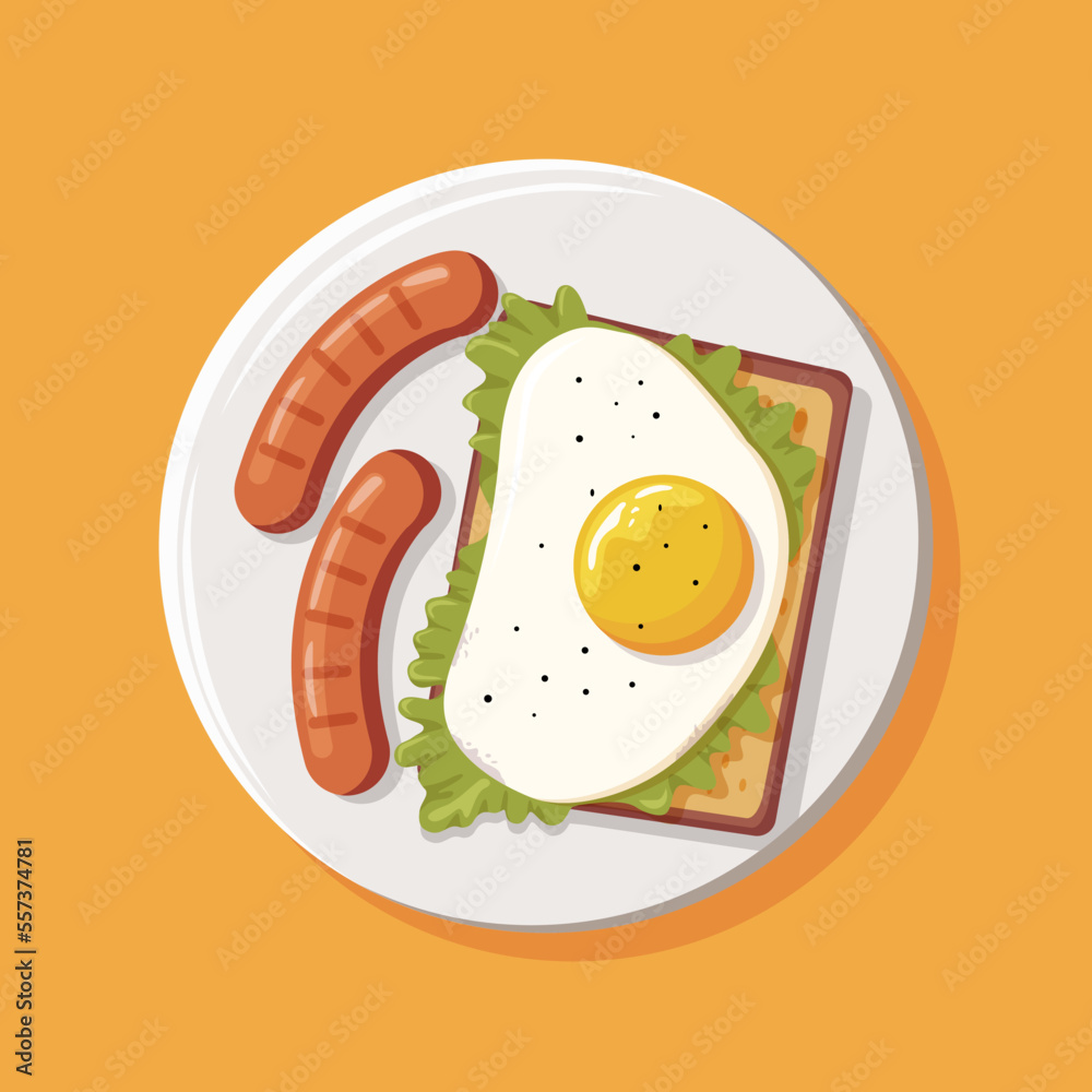 Breakfast concept - sausages and toast with a fried egg Breakfast concept - sausages and toast with a fried egg