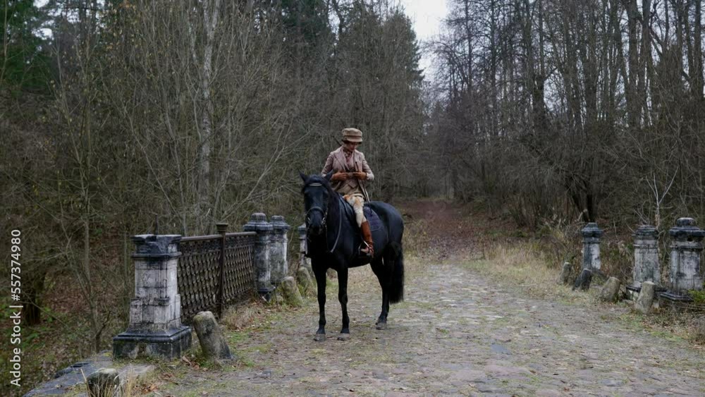 beautiful woman riding horse in old royal park in autumn, vintage and historic concept, 19 century beautiful woman riding horse in old royal park in autumn, vintage and historic concept, 19 century