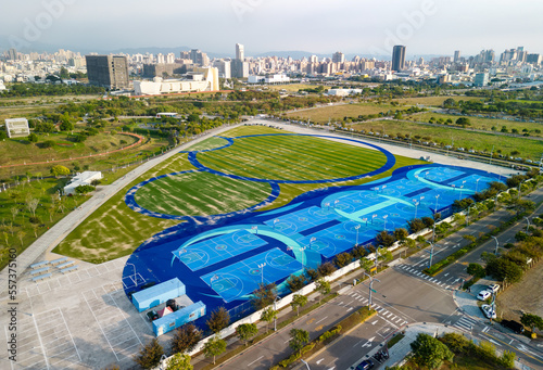 Taichung City, Taiwan - November 28, 2022 : Aerial view of Taichung Central Park public basketball court. Xitun District Shuinan Economic and Trade Area. photo