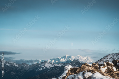 Scenic mountain view of snow covered mountains