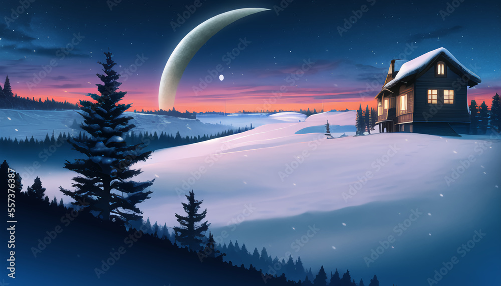 Snow Valley. Winter. A fantastic night sky. Amazing landscape. New Year's night. Snow Valley. Winter. A fantastic night sky. Amazing landscape. New Year's night.