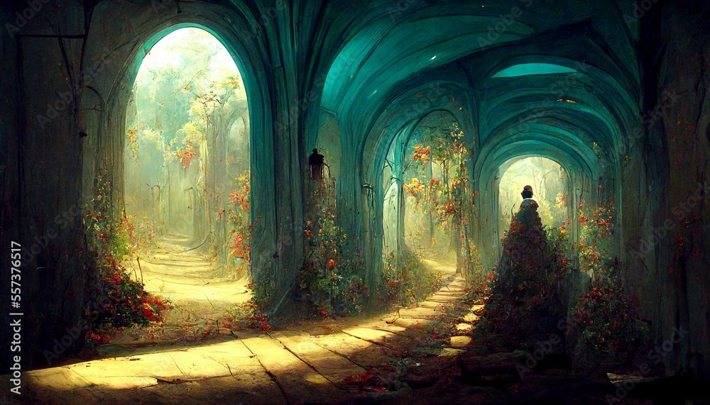 woman in mystique and magical outside hallway desing illustration