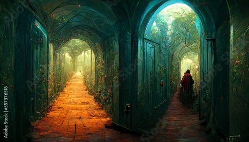 woman choose from two way of mystique and magical outside hallway desing illustration