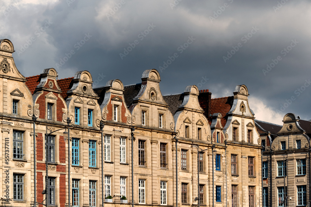 details of the houses of the square of the Grand Place in Arras, North of France