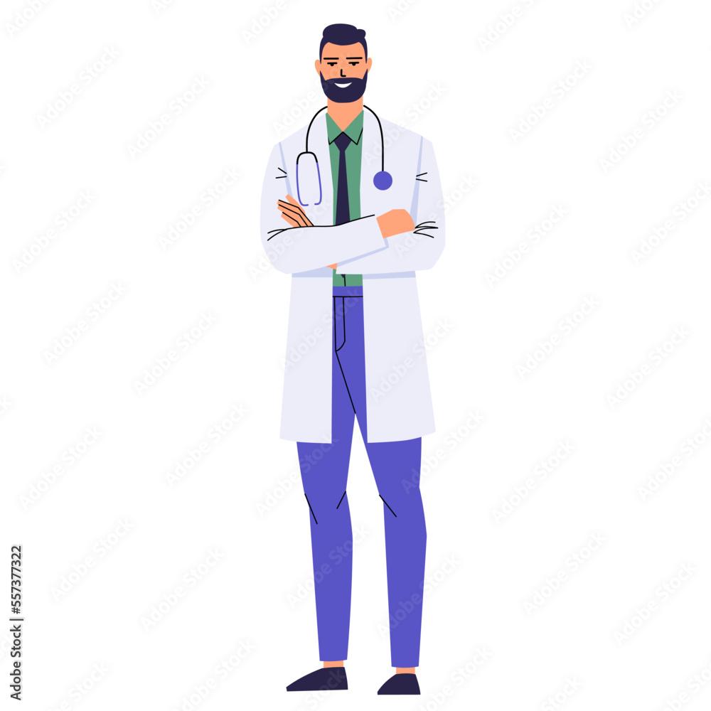 A bearded doctor stands with his arms crossed. A medical worker in a white coat and with a stethoscope. Character isolated on white background. Flat style. Vector. A bearded doctor stands with his arms crossed. A medical worker in a white coat and with a stethoscope. Character isolated on white background. Flat style. Vector.