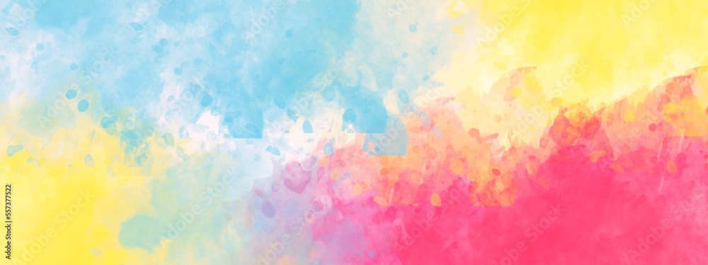 Colorful watercolor background with vintage texture on white paper background. Abstract watercolor background handprint colorful gradient ink, bright rainbow colors of pink, blue, yellow, orange.