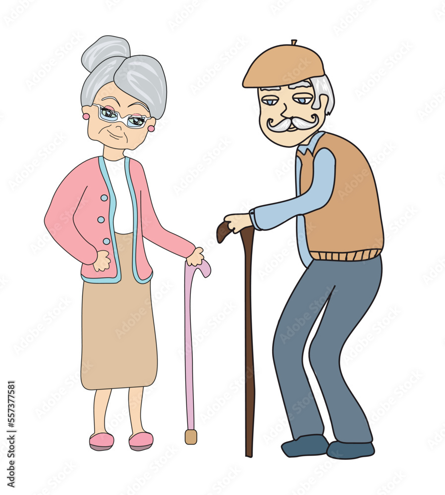 elegant old couple on a walk - doodle isolated illustration elegant old couple on a walk - doodle isolated illustration