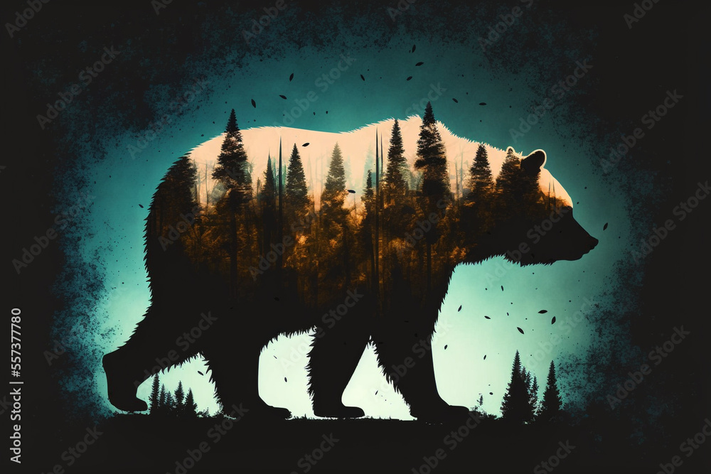 Double exposure of a bear silhouette and foggy forest. Stock ...
