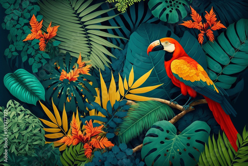 Tropical forest foliage pattern in vivid colors. 