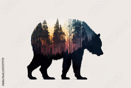 Double exposure of a bear silhouette and foggy forest.