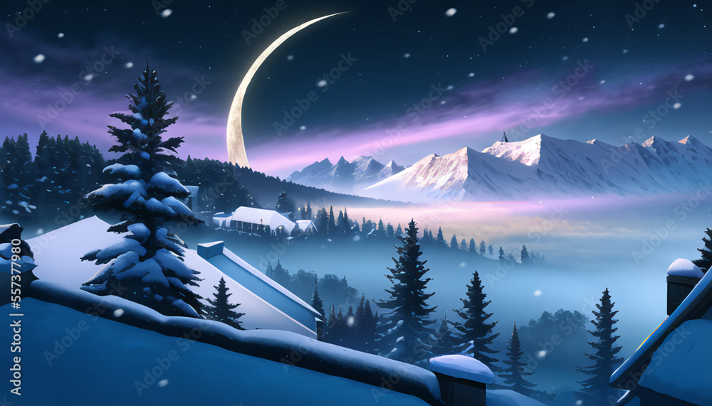 Snow Valley. Winter. A fantastic night sky. Amazing landscape. New Year's night.