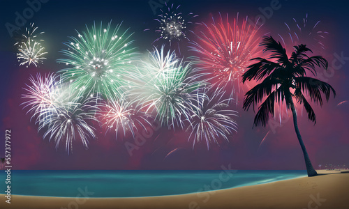 Firework show on the tropical beach - digital illustration