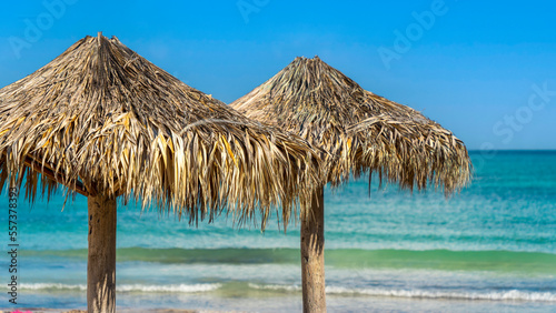 Tropical beach with sun beds and bamboo parasols
