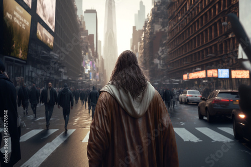 Jesus christ walking on the street. Generative AI