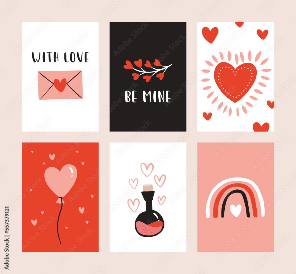 Set of 6 cute ready-to-use gift romantic postcards. Gifts, hearts, cups and hand drawn lettering. Vector printable collection of Valentine's Day doodle card, invitation, poster Set of 6 cute ready-to-use gift romantic postcards. Gifts, hearts, cups and hand drawn lettering. Vector printable collection of Valentine's Day doodle card, invitation, poster